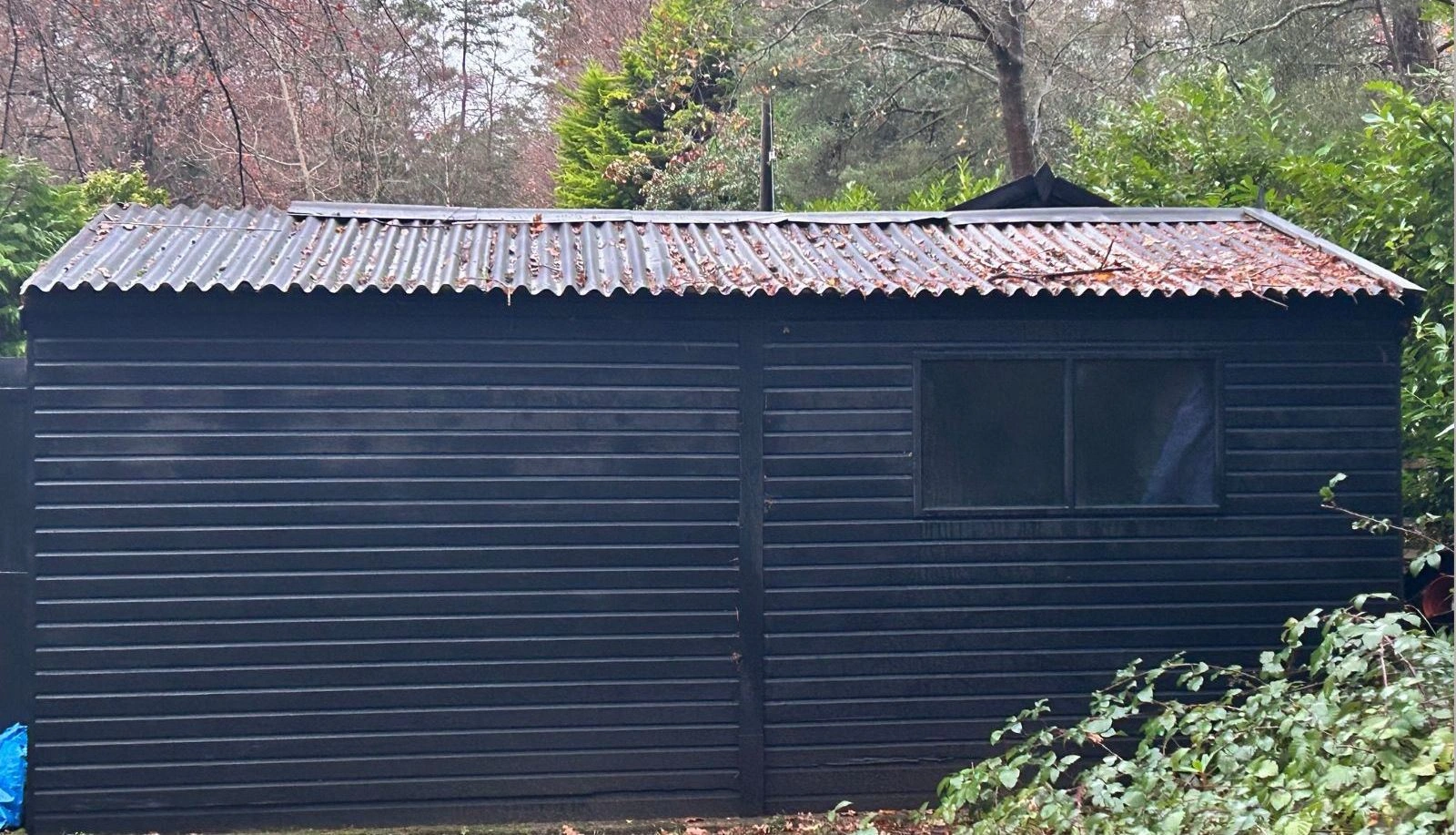 Old garden outbuilding with rusted corrugated roof and leaf debris
